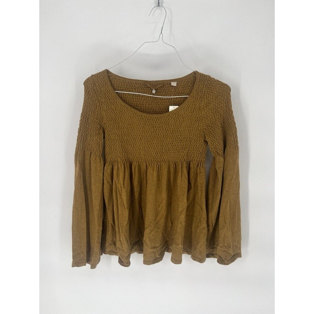 Knitted and Knotted Esme Smocked Top Womens XS Anthropologie Mustard Bell Sleeve